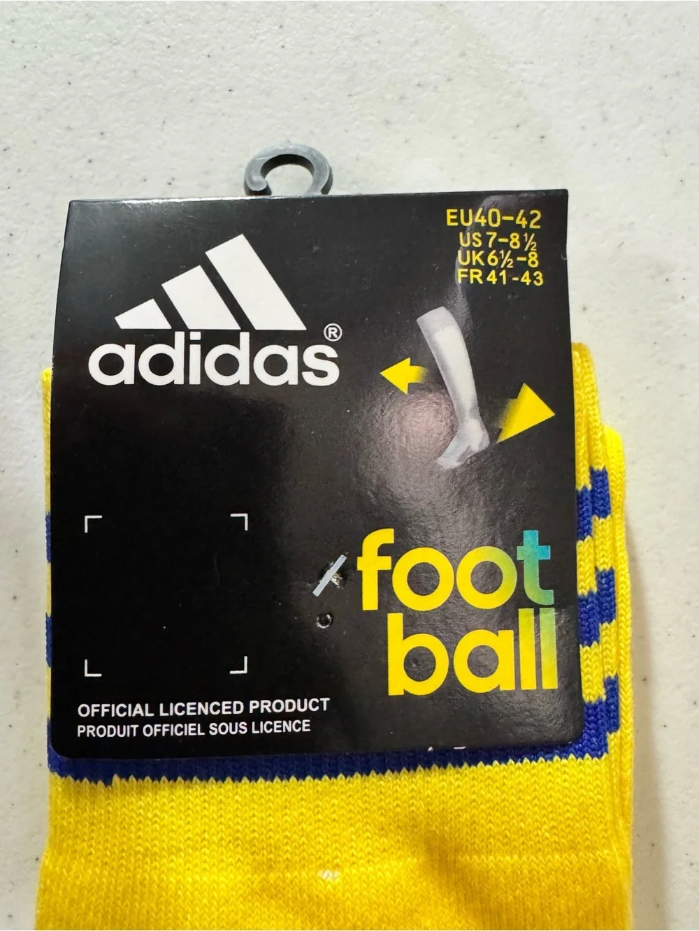 Adidas football Socks Yellow with 3 Blue stripes New EU 40-42 US 7-8 1/2 Size